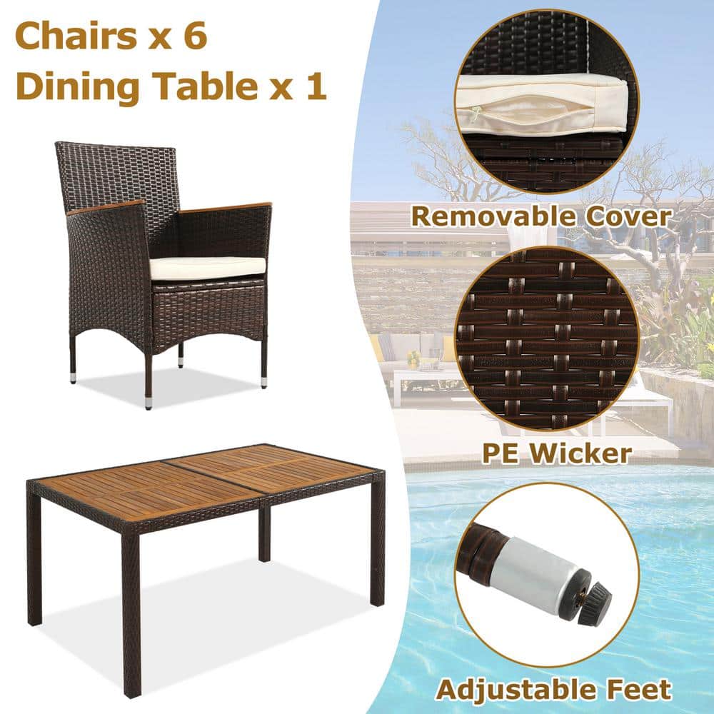 Brown 7-Piece Wicker Patio Dining Set with Beige Cushions and Acacia Wood Table