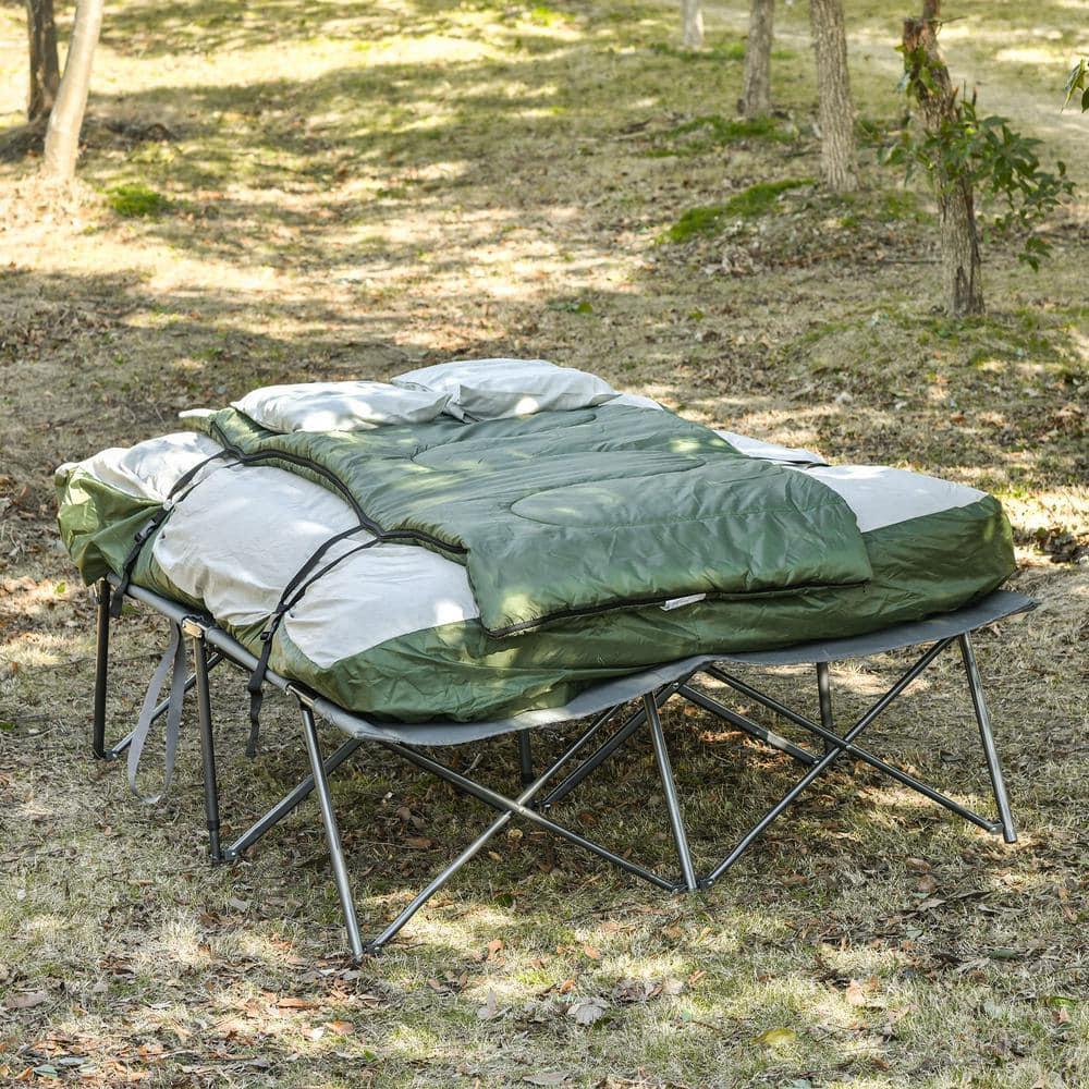 Outsunny Green 2-Person Folding Camping Cot with Air Mattress and Pillows