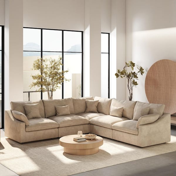 Modular Large 238 in. Flared Arm 5-Piece L-shaped Linen Cloud Couch Sectional Sofa in. khaki