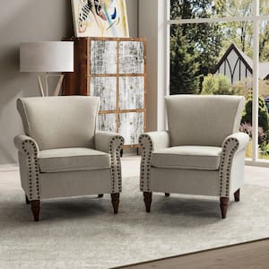 Cythnus Traditional Oatmeal Nailhead Trim Upholstered Accent Armchair with Wood Legs Set of 2