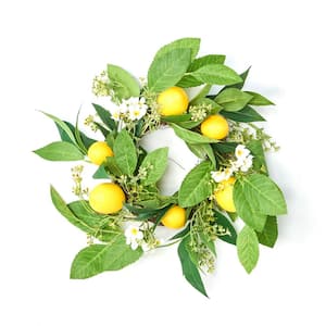 17 in. Artificial Lemon, Green Leaves and White Flowers Wreath