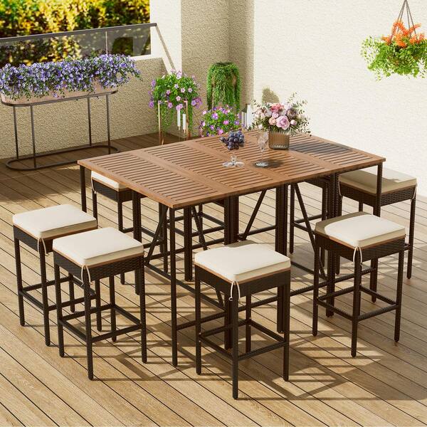 Boosicavelly Brown 10-Piece Wicker Acacia Wood Bar Height