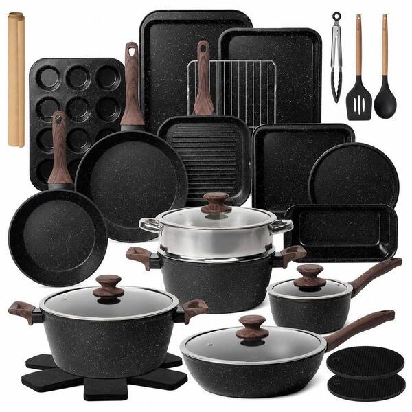 31 Piece Nonstick Cookware Set, Aluminum Carbon Steel Kitchen Cooking Pots Pans Set with Bakeware and Utensils, Black