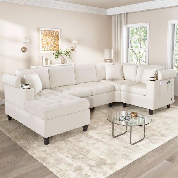 115.7 in. W Chenille U-Shaped Sectional Sofa in. Beige with USB Charging, Cup Holders, Flip-Top Storage in Arms