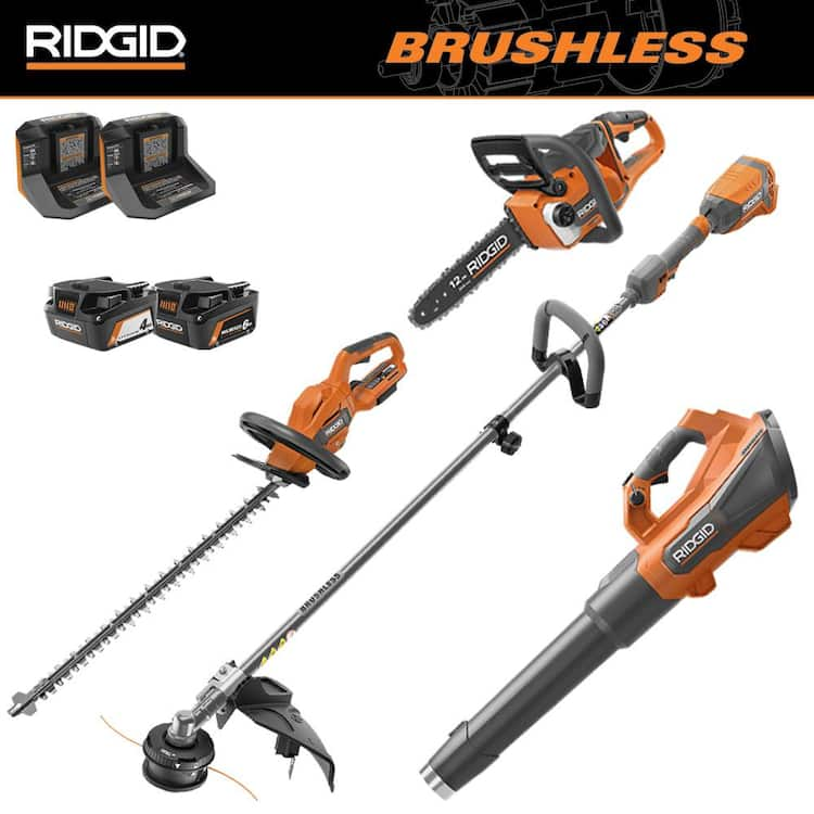 RIDGID 18V Brushless Cordless String Trimmer, Blower, Chainsaw, and Hedge Trimmer w/2 Batteries and 2 Chargers