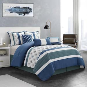 7-Piece Blue Patchwork Polyester King Comforter Set Luxury Bed in a Bag