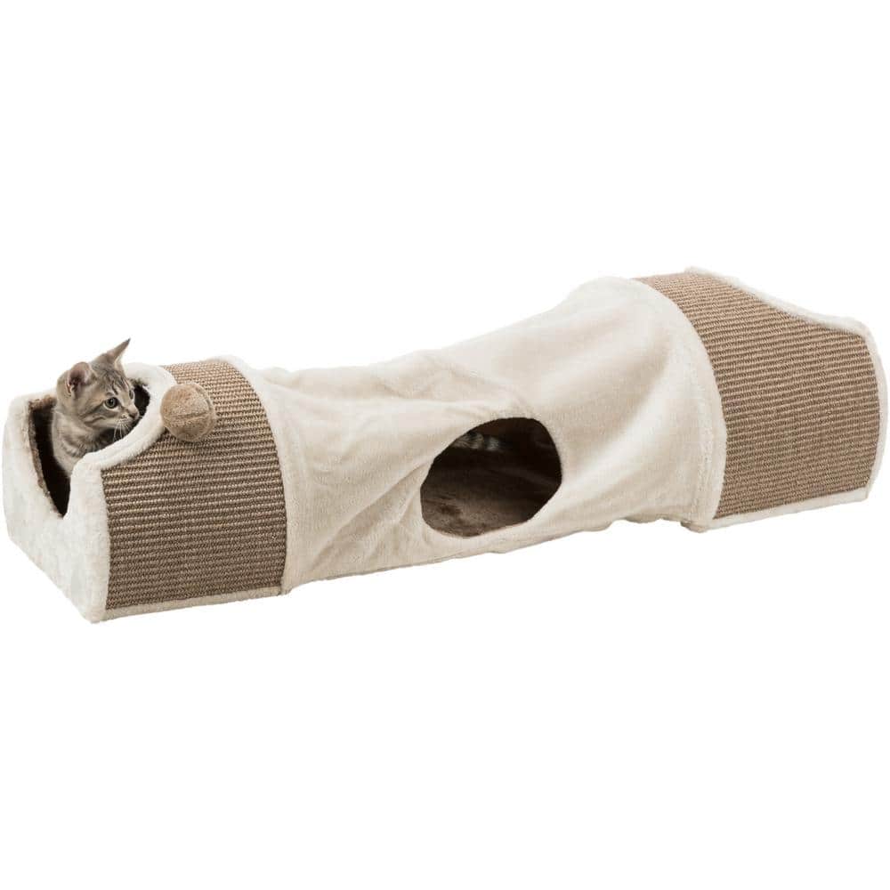 Cream and Brown Sisal Cat Tunnel with Plush Condos