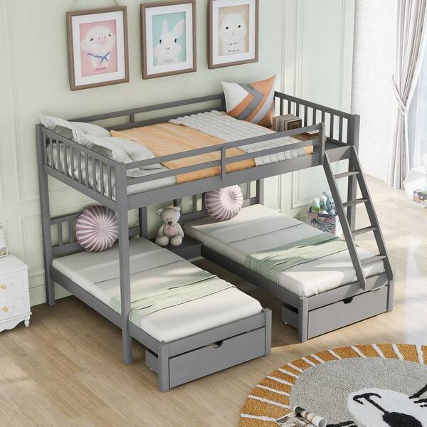 Angel Sar Gray Full Over Twin And, 3 Bunk Bed With Desk