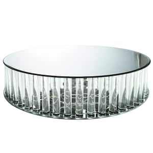 1-Tier Clear Round Mirror LED Fairy Light Up Glass Columns Cake Stand Dessert Display Tray 16 in.