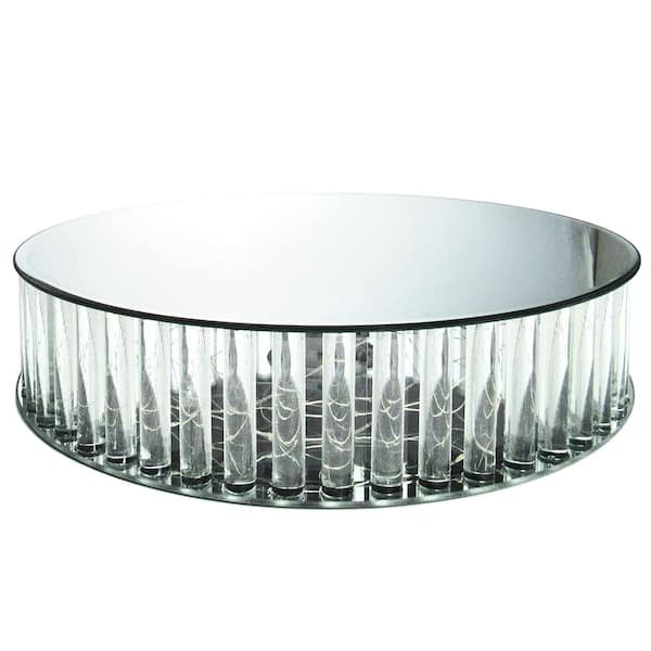 LIVING LUXURY 1-Tier Clear Round Mirror LED Fairy Light Up Glass Columns Cake Stand Dessert Display Tray 16 in.