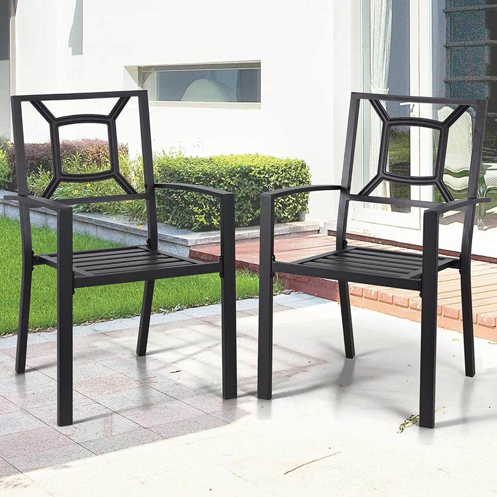 Black Steel Stackable Outdoor Dining Armchairs, Set of 6