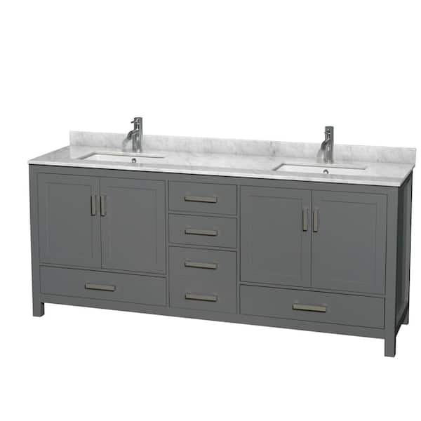 Wyndham Collection Sheffield 80 in. W x 22 in. D x 35 in. H Double Bath Vanity in Dark Gray with White Carrara Marble Top