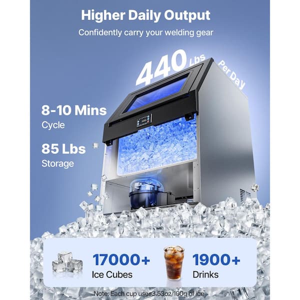 24.53 in.W Commercial Ice Maker 440 lb. /24H 85 lbs.Storage Freestanding Full Size Cube Self-Cleaning Stainless Steel