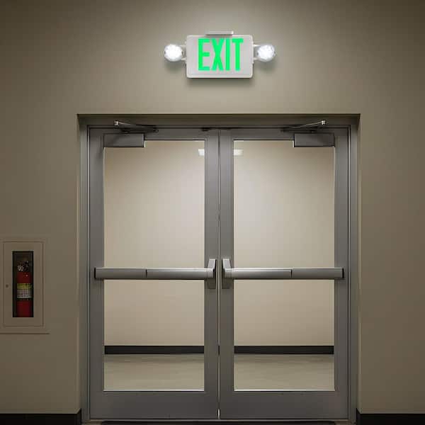 LED Exit and Emergency Light Combo, 2-Head Fixture with Green Letters, High Output Commercial Safety Lighting