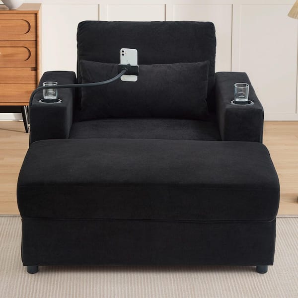 42.5 in. Square Arm Chenille Rectangle with a Storage Ottoman,USB Ports,Cup Holders and Side Pockets Sofa in Black