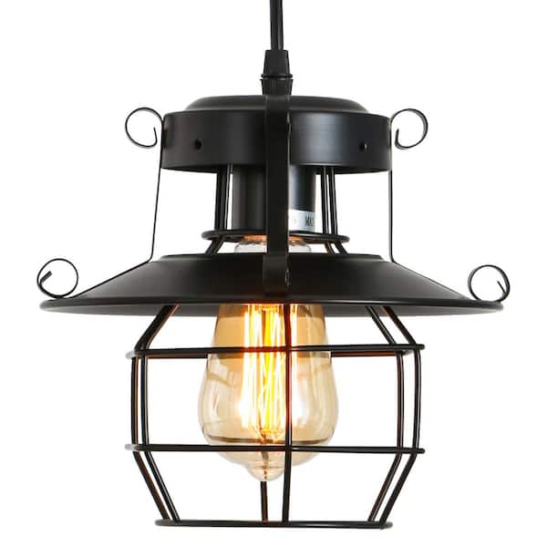 Jushua 60-Watt 1-Light‎ Black Metal Farmhouse Adjustable Height Cage Mini Pendant Light with Metal Shade, No Bulbs Included