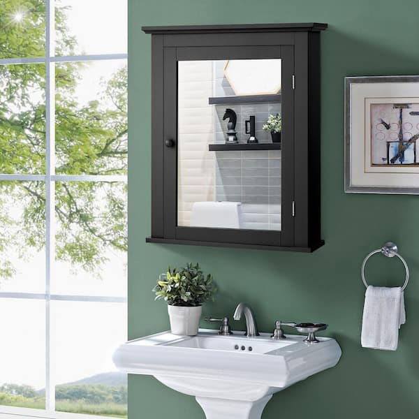 22 in. W x 6 in. D x 27.5 in. H Black Bathroom Wall Cabinet Adjustable Shelf Medicine Storage with Mirrored Door