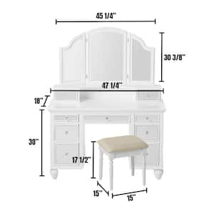 White Tracy Vanity Mirror and Stool Set with Contemporary Style Storage Drawers and 3 mm Mirror Inserts