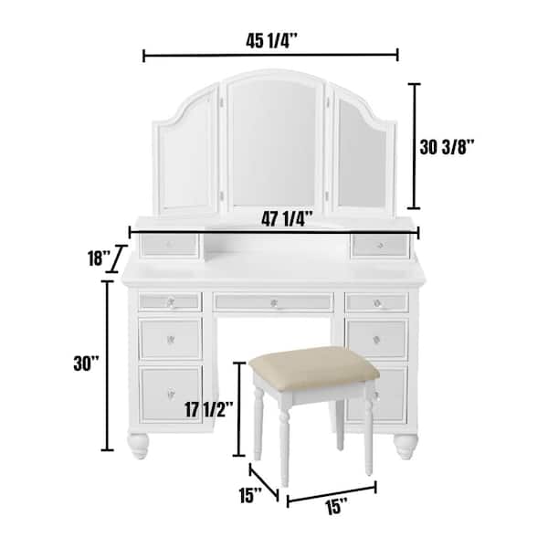 William's Home Furnishing White Tracy Vanity Mirror and Stool Set with Contemporary Style Storage Drawers and 3 mm Mirror Inserts