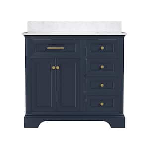 36 in. Single Sink Freestanding Navy Blue Wood Bath Vanity with White Engineered Marble Top and Open Back (Assembled)
