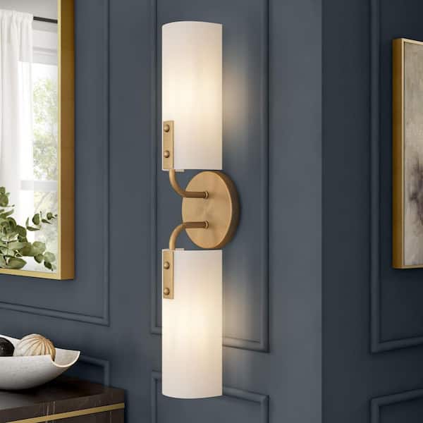 Manhasset 23.5 in. 2-Light Old Satin Brass Modern Wall Sconce with Etched White Glass Shade