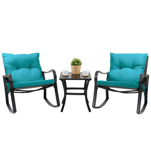 KOZYARD 3Piece Metal Outdoor Bistro Set Rocking Chairs with Blue