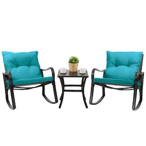 3-Piece Metal Outdoor Bistro Set Rocking Chairs with Blue Cushions