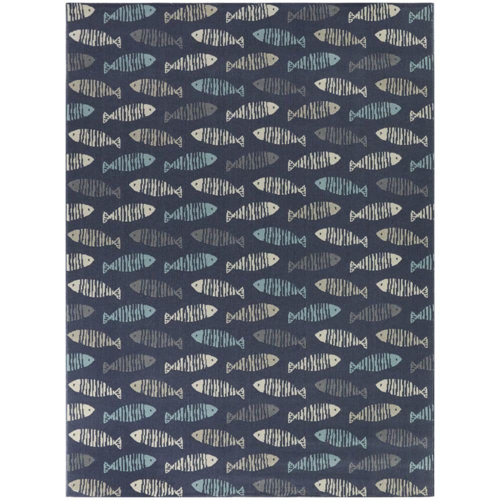Blue Rectangular Geometric Fish Pattern Synthetic Area Rug