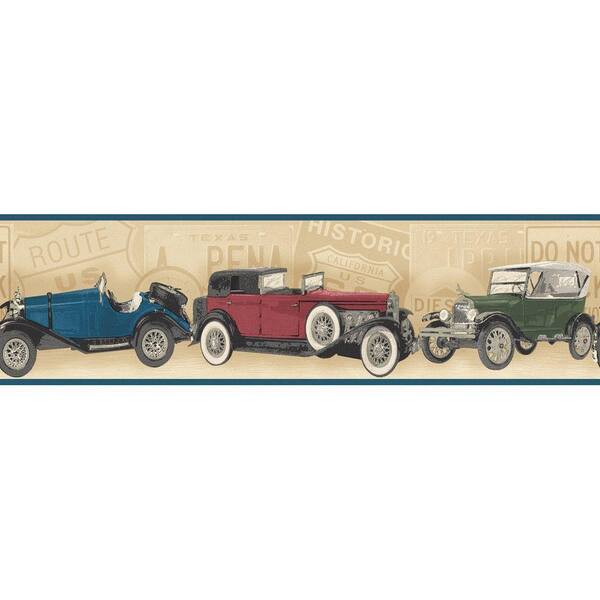 The Wallpaper Company 8 in. x 10 in. Jewel Tone Antique Cars Border Sample