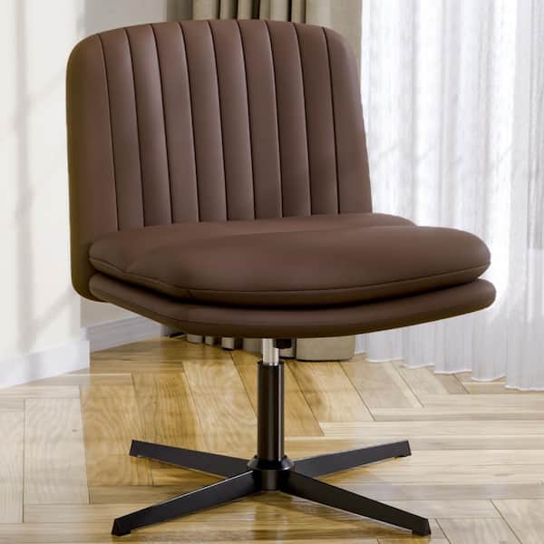 WOODYHOME Brown Faux Leather Armless Chair Swivel office chair no wheels