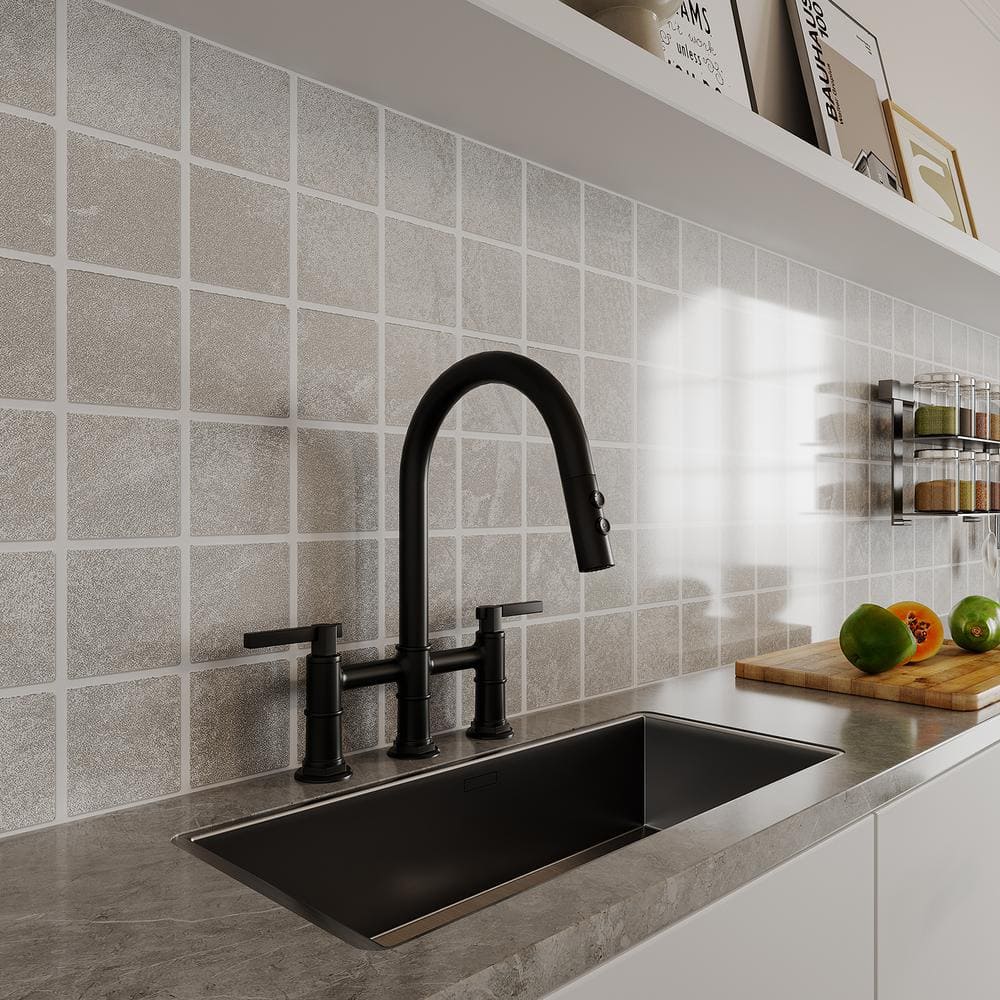 Matte Black Dual Handle Pull-Down Bridge Kitchen Faucet