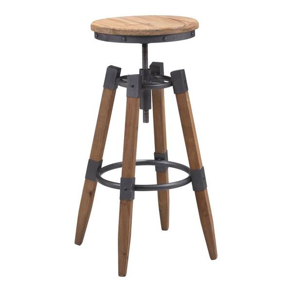 ZUO Curry Adjustable Height Industrial Gray and Natural Pine Bar Stool