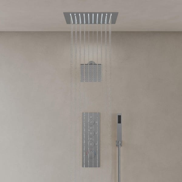 12 in. Mood Light Quadruple Handles 3-Spray Shower Faucet 2.5 GPM with LED, Anti Scald in. Brushed Nickel