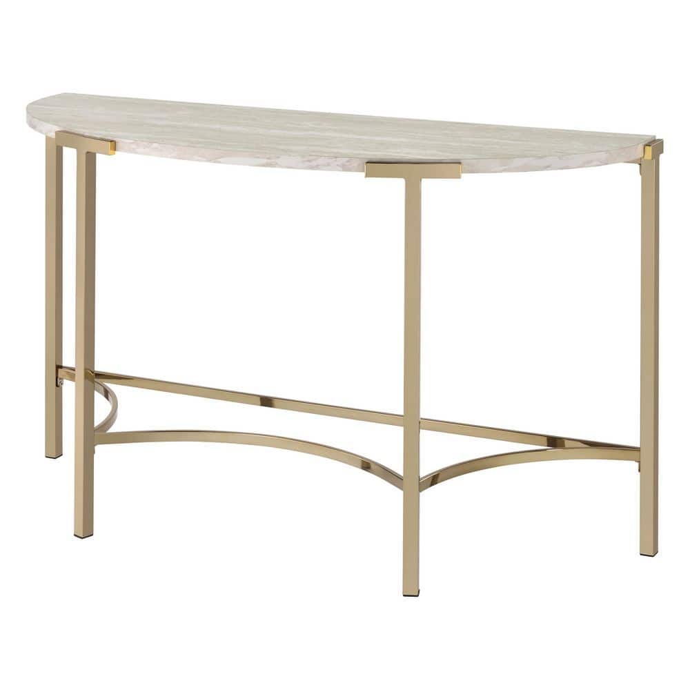 Champagne Gold Metal Half-Circle Console Table with Faux Marble Top