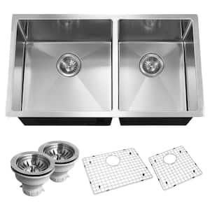 Savoir Series Undermount Stainless Steel 32 in. Double Bowl Kitchen Sink, Satin Brushed