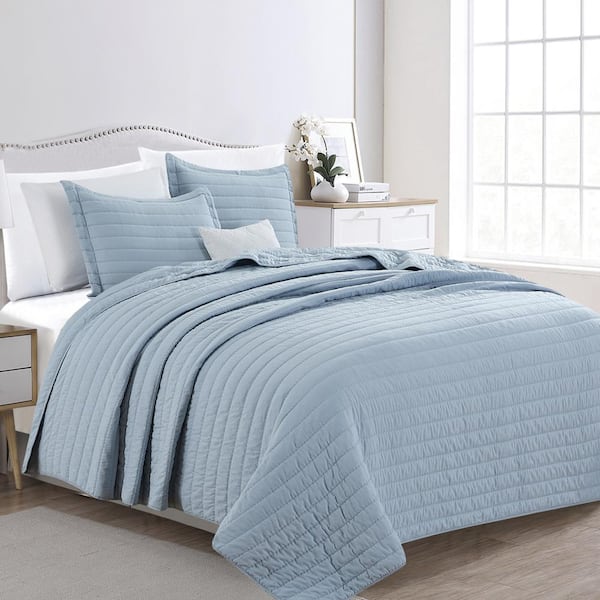 FRESHFOLDS Chambray Blue King Premium Solid Channel Stitched 3-Piece Microfiber Quilt Set