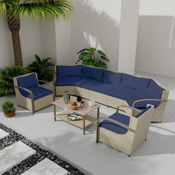 6-Piece Rattan Wicker Outdoor Sectional Set Curved Conversation Set with Blue Cushions