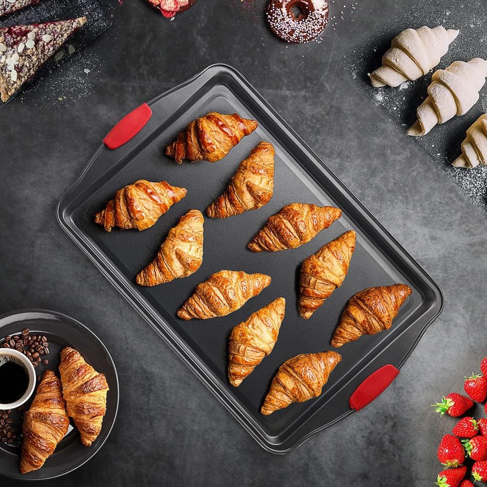 JoyTable Nonstick Carbon Steel Cookie Sheet Set with Red Silicone Handles