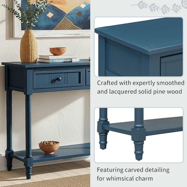 Polibi 35.50 in. Dark Navy Rectangle Solid Wood Console Table with