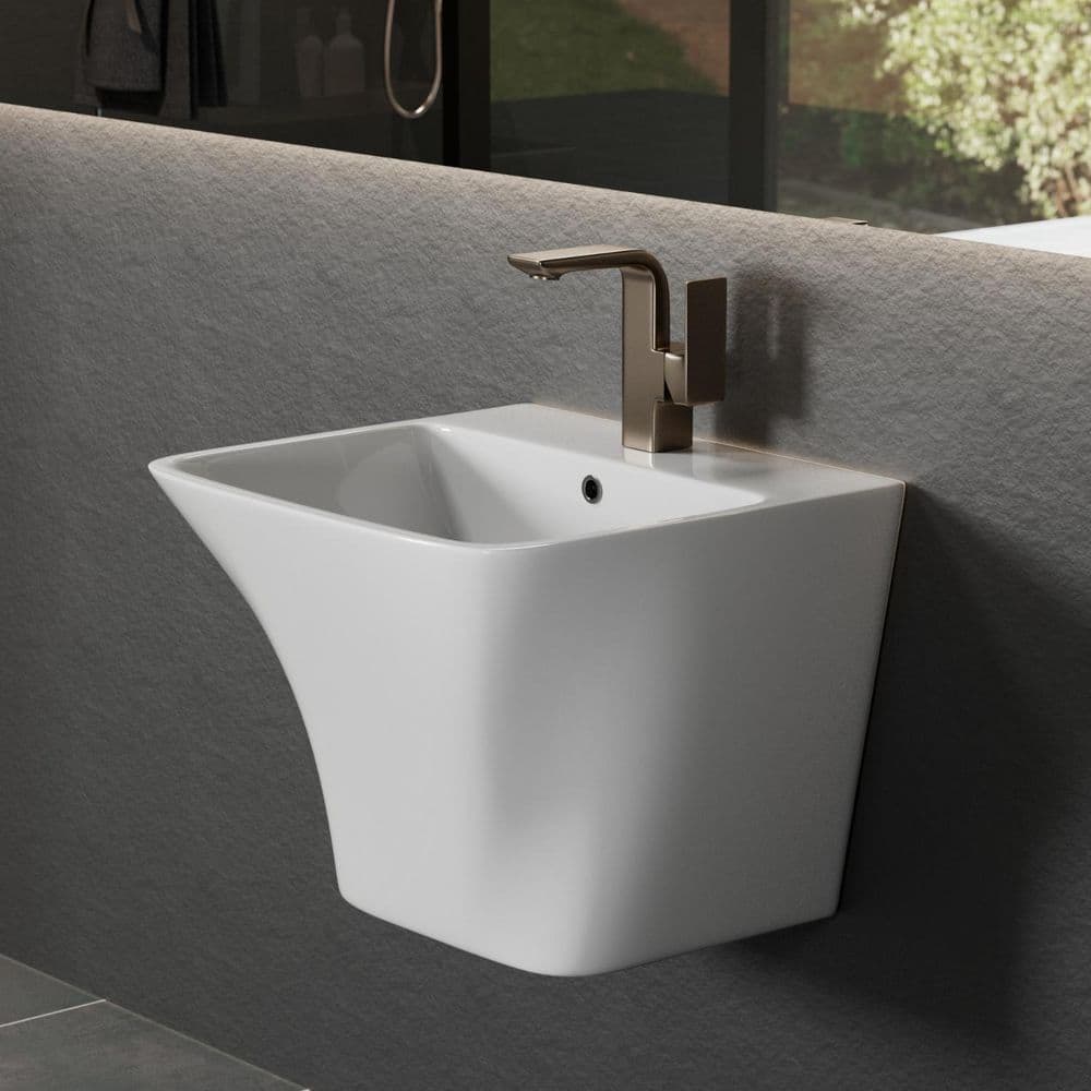 Glossy White Ceramic Wall-Mount Rectangular Vessel Sink with Stainless Steel Drain