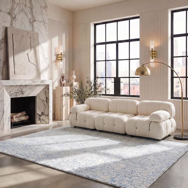 Abstract 10 ft. x 14 ft. Light Blue/Ivory Contemporary Marble Area Rug