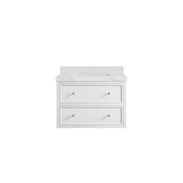 Willow Collections Roswell Floating 30 in. Single Sink Freestanding White Bath Vanity with Calacatta Nuvo Qt. Top Unassembled