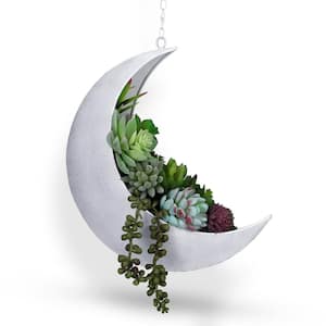12 in. Artificial Hanging Basket Moon Planter, 14-Pcs Decor Artificial Succulents, White