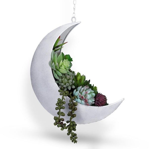 Unbranded 12 in. Artificial Hanging Basket Moon Planter, 14-Pcs Decor Artificial Succulents, White