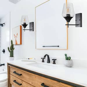 1-Light Matte Black Bathroom Light Fixture Modern Industrial Wall Sconce Vanity Light with Wine Glass Shade (2-Pack)