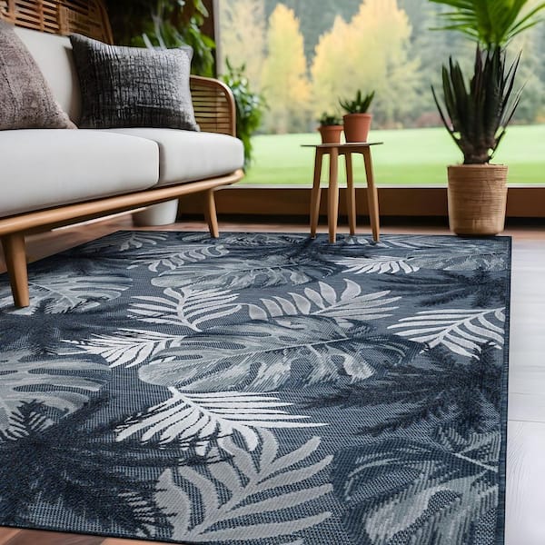 Jungle Navy 5 ft. x 7 ft. Washable Tropical Floral Indoor Outdoor