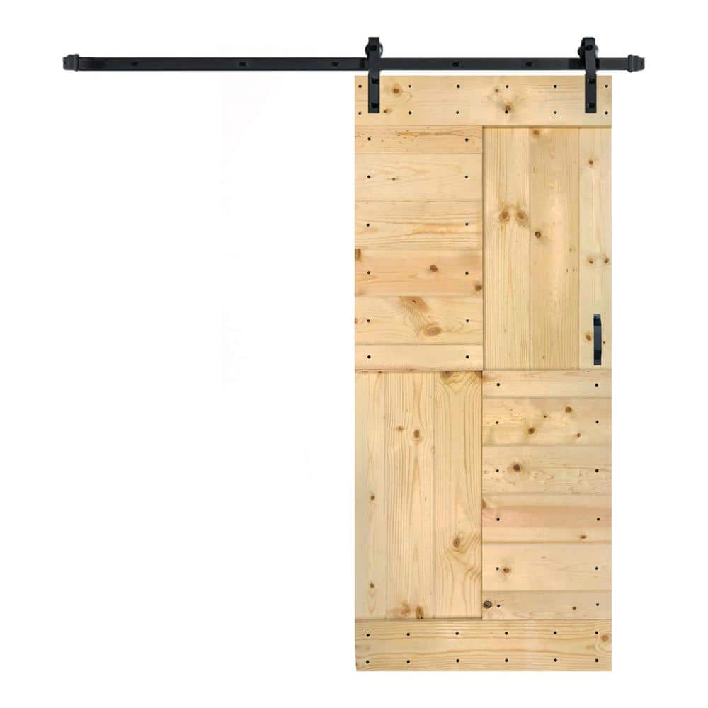 Unfinished Solid Wood Multipanel Barn Door Kit with Matte Black Hardware