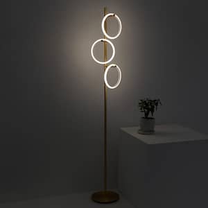 Saturn 66 in. Antique Brass Industrial 3-Light 3-Way Dimming LED Floor Lamp with 3 Replaceable LED Rings