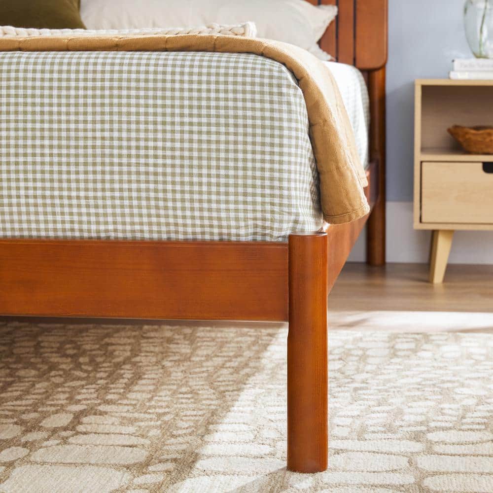 King Brown Pine Wood Upholstered Platform Bed with Slats