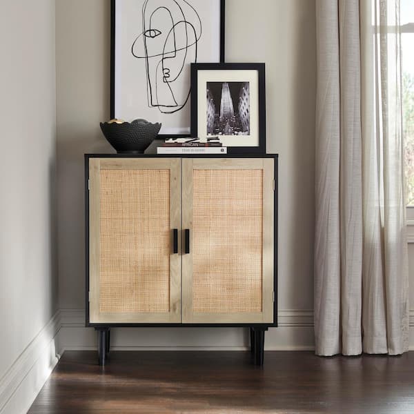 LuxenHome Black and Natural Wood Accent Storage Cabinet with Doors